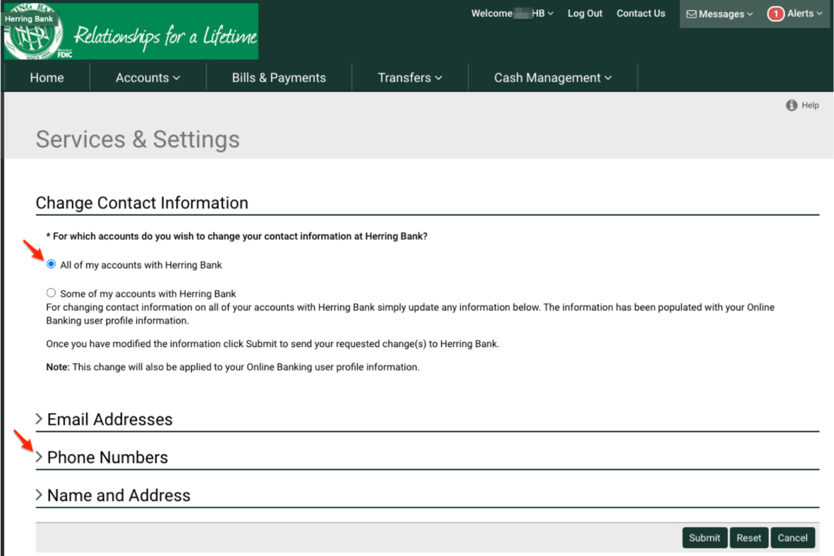 Herring Bank online banking admin - setup text alerts - step 4