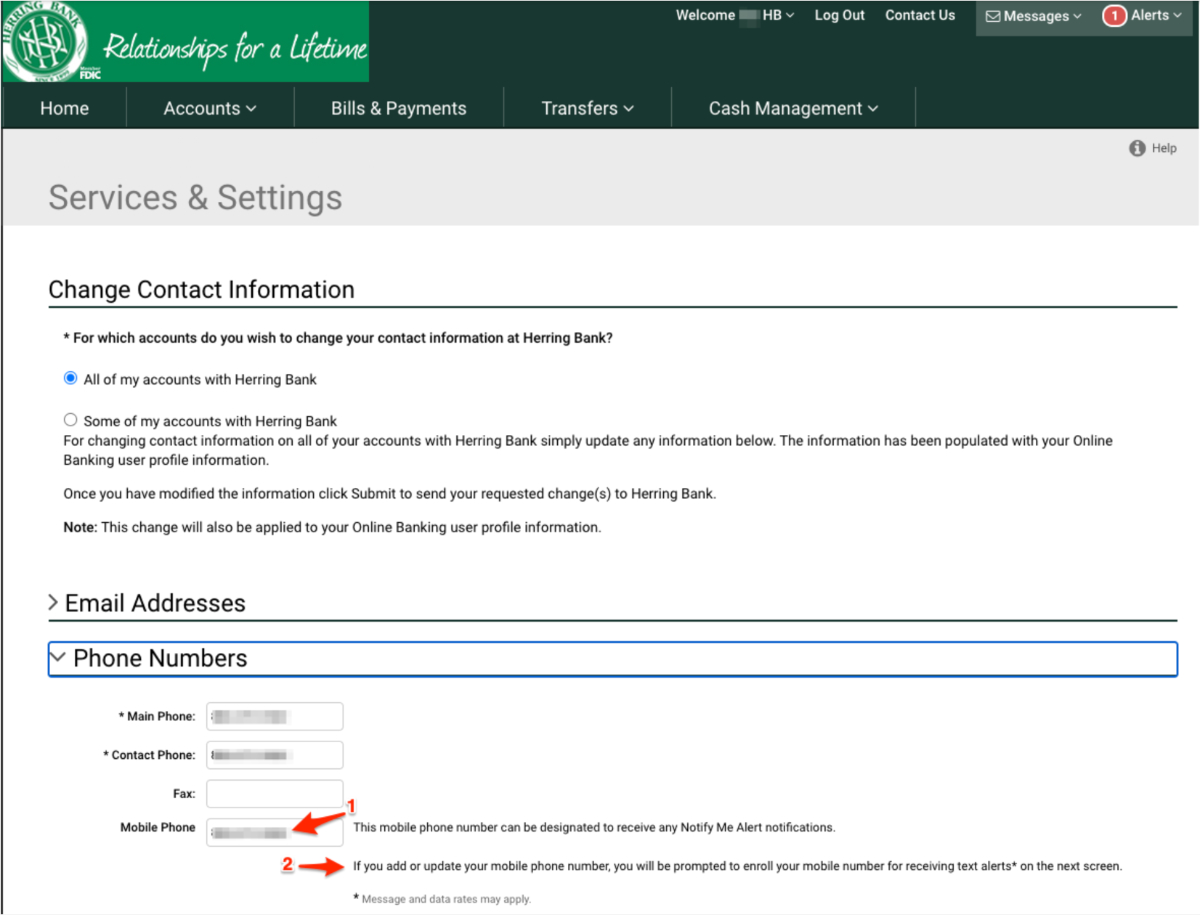 Herring Bank online banking admin - setup text alerts - step 5
