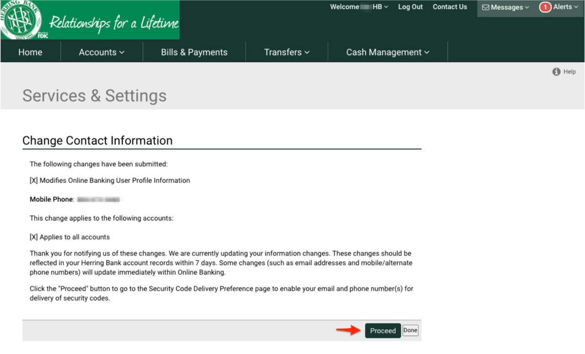 Herring Bank online banking admin - setup text alerts - step 6