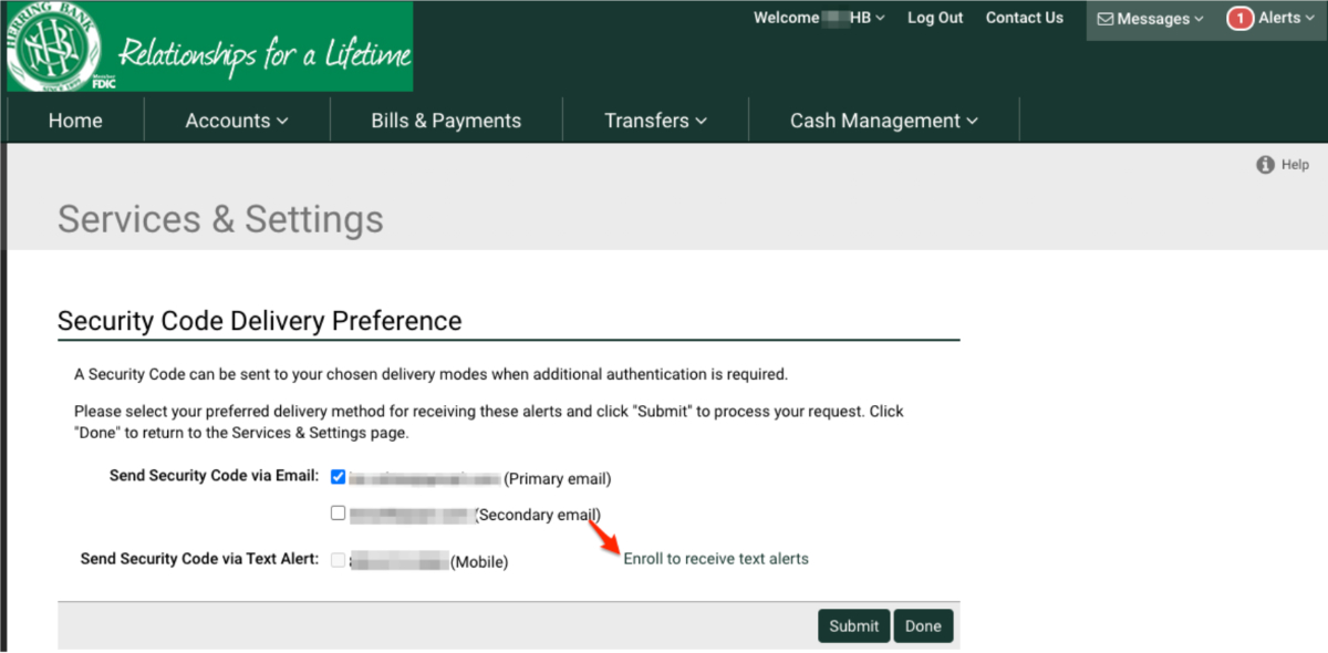 Herring Bank online banking admin - setup text alerts - step 7