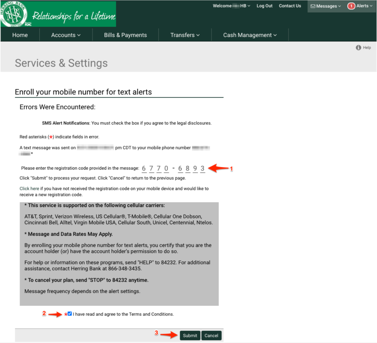 Herring Bank online banking admin - setup text alerts - step 8