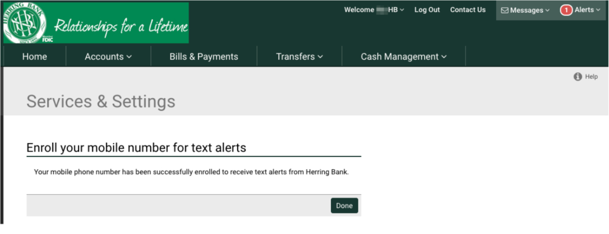 Herring Bank online banking admin - setup text alerts - step 9