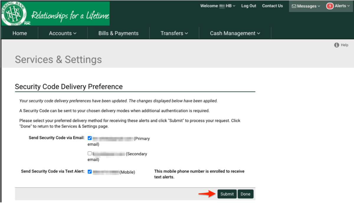 Herring Bank online banking admin - setup text alerts - step 10