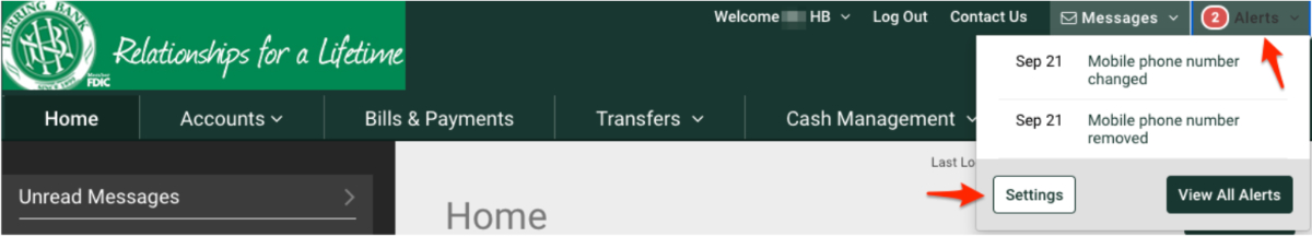 Herring Bank online banking admin - setup text alerts - step 11