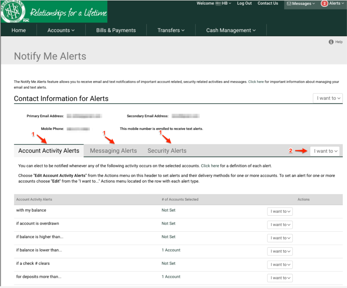 Herring Bank online banking admin - setup text alerts - step 12