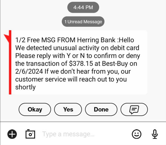 fake text message that looks like it comes from herring bank