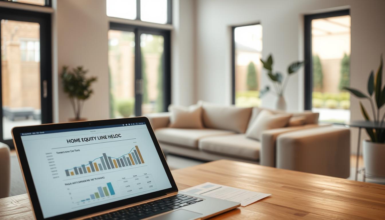 a modern, minimalist home interior with a focus on home equity and a home equity line of credit (HELOC). The scene features a cozy living room with large windows, allowing natural light to fill the space. In the foreground, a laptop or tablet is displayed, showcasing financial documents and graphs related to home equity and HELOC details. The middle ground includes comfortable seating, such as a plush sofa or armchair, creating an inviting atmosphere for financial planning. The background subtly hints at the exterior of the home, with a glimpse of a well-manicured yard or landscaping, conveying a sense of security and stability. The lighting is soft and warm, emphasizing the homey and welcoming ambiance. The overall composition is clean, organized, and visually appealing, capturing the essence of the requirements and considerations for a HELOC.